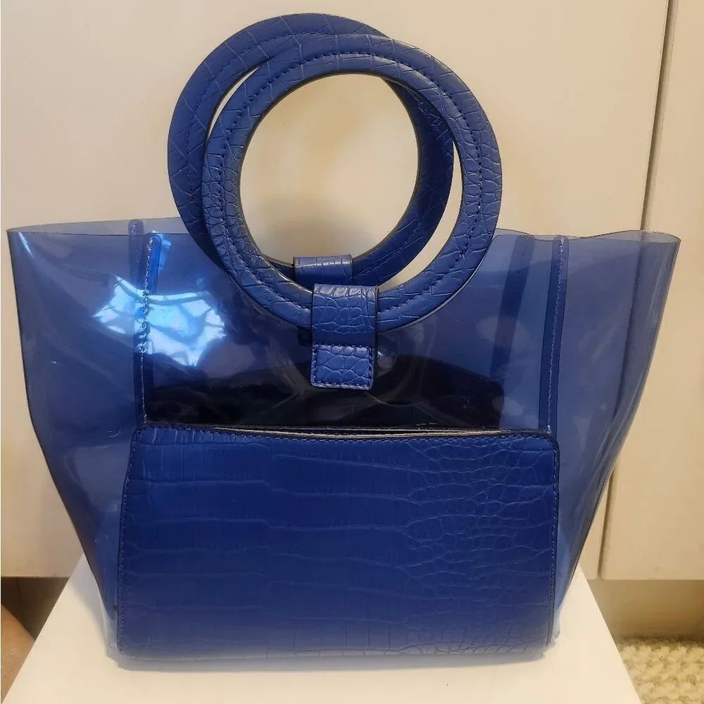 Vince Camuto "Clea" Cobalt Blue Tinted Clear PVC Circular Handle Tote Ret. $128